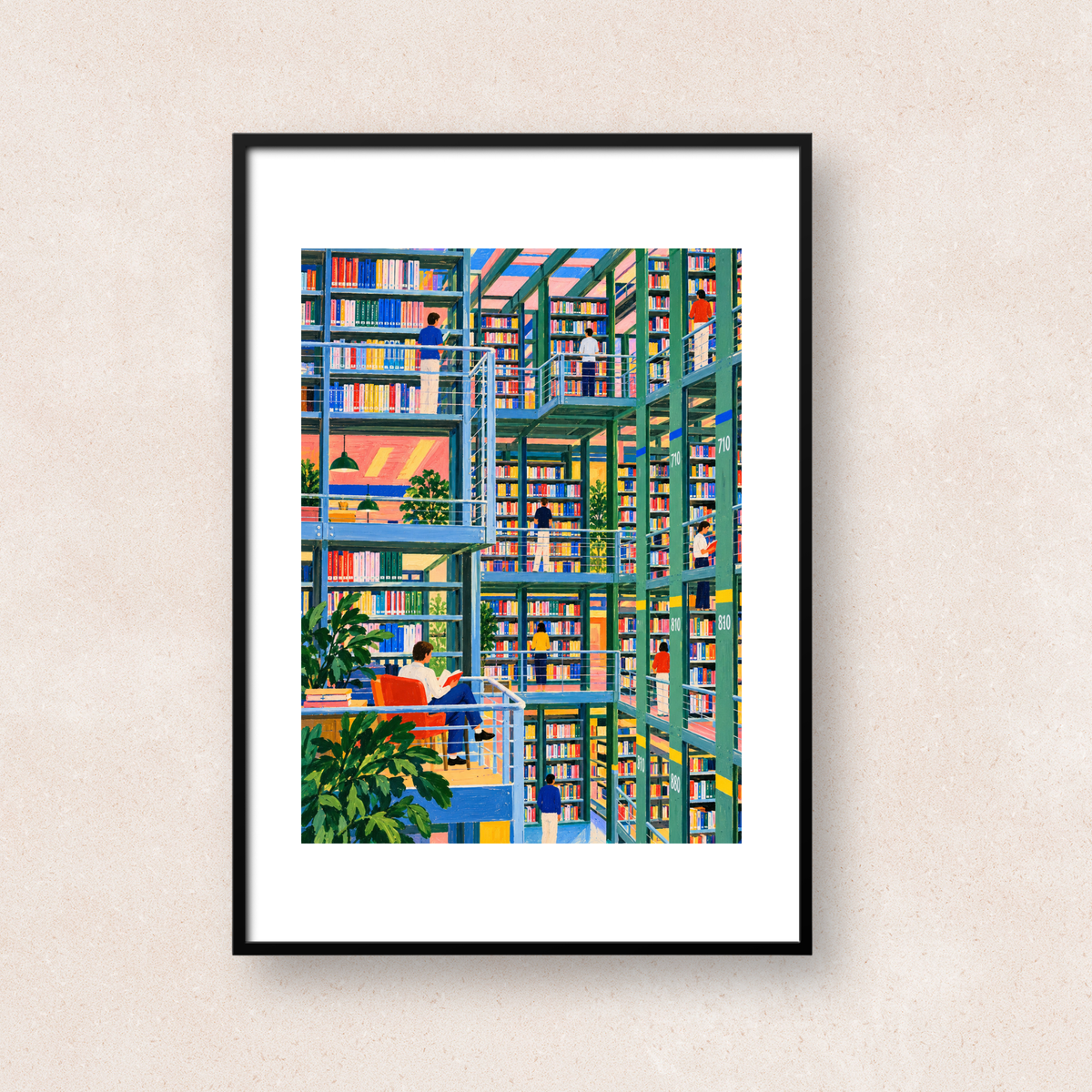 色とりどりの本が並ぶ多層の図書館で、本を読んだり選んだりする人々を描いたアート「Between the Shelves」