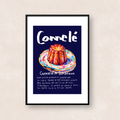ネイビーの背景にカラフルな皿にのせたカヌレとフランス語の文字を描いたアート「Cannelé de Bordeaux」