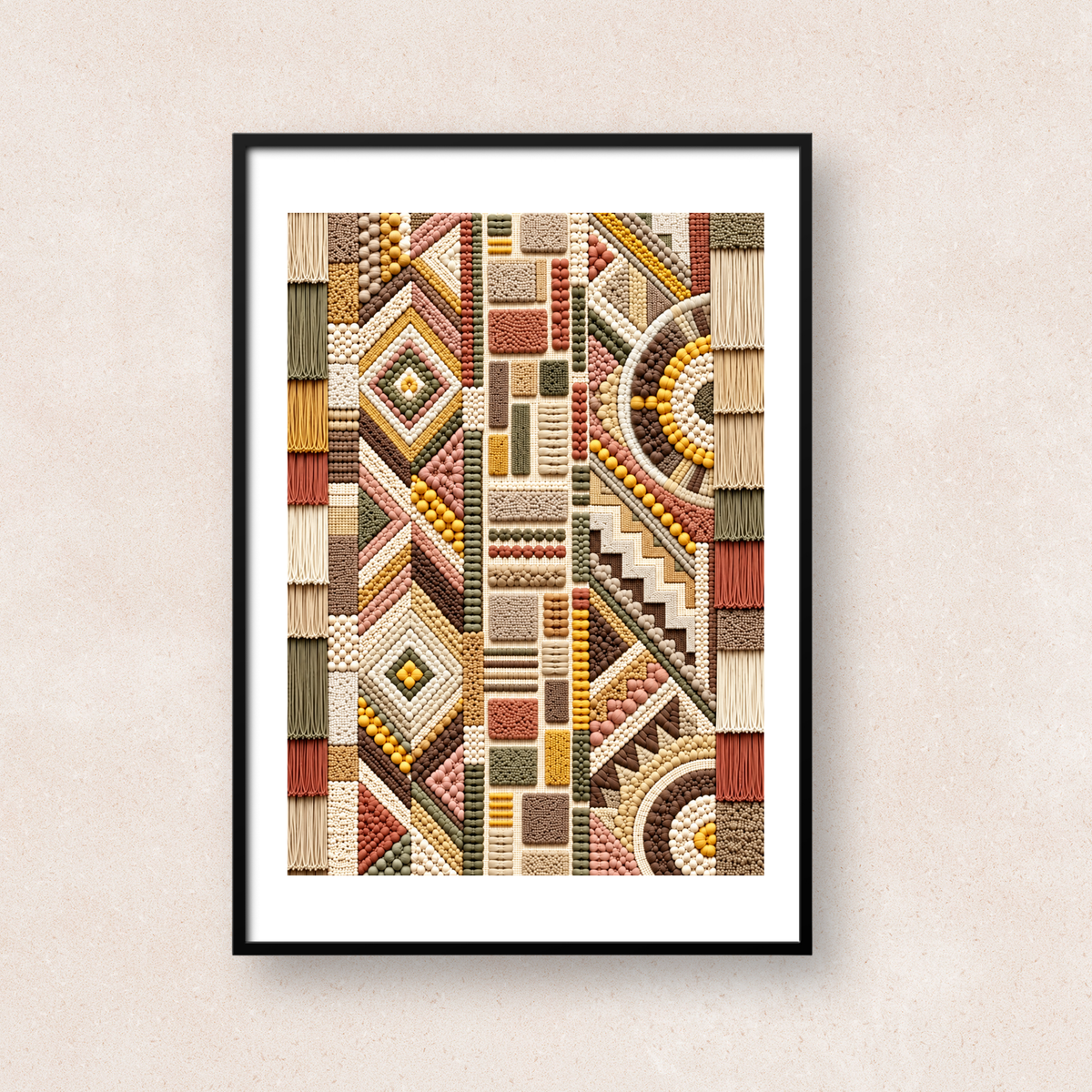 ベージュ、ブラウン、オリーブ、テラコッタの立体的な幾何学模様を描いたアート「Carnival Geometry (Beige & Brown)」