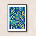 ブルー、グリーン、ターコイズを中心に立体的な幾何学模様を描いたアート「Carnival Geometry (Blue & Green)」
