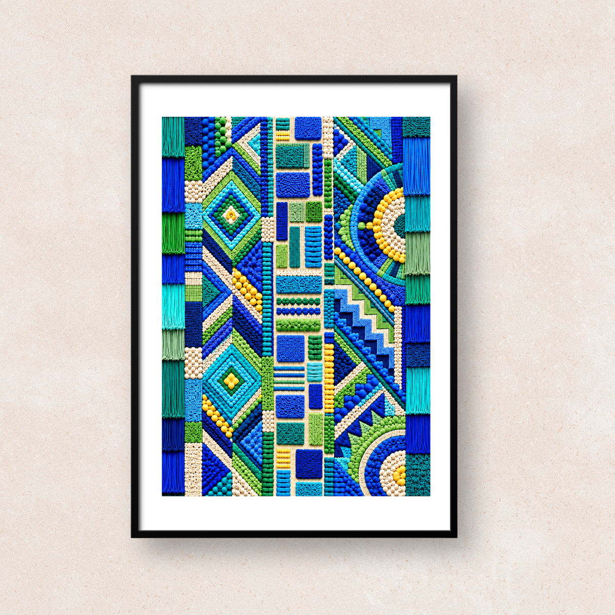 ブルー、グリーン、ターコイズを中心に立体的な幾何学模様を描いたアート「Carnival Geometry (Blue & Green)」
