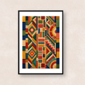 オリーブ、テラコッタ、マスタード、ネイビーの立体的な幾何学模様を描いたアート「Carnival Geometry (Olive & Terracotta)」