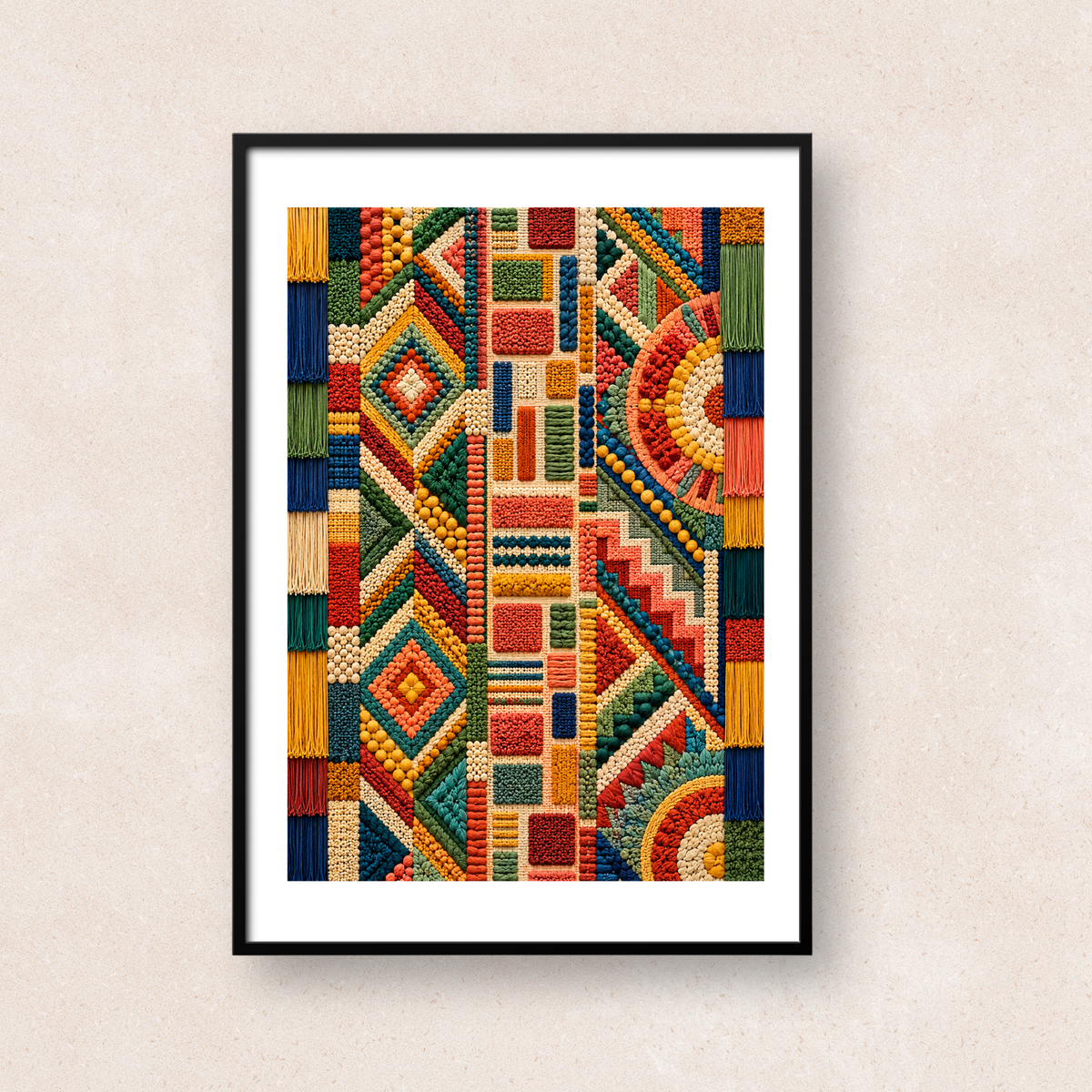 オリーブ、テラコッタ、マスタード、ネイビーの立体的な幾何学模様を描いたアート「Carnival Geometry (Olive & Terracotta)」