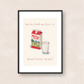 赤い牛乳パックとミルクの入ったグラス、「Glow big, little one. Drink up!」の文字を描いたアート「Drink Up!」