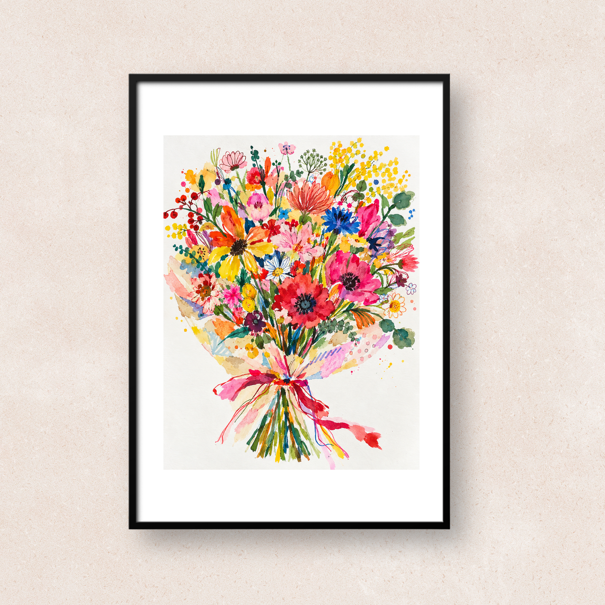 ピンク、レッド、イエロー、ブルーなど色とりどりの花をリボンで束ねた水彩アート「Just Because」