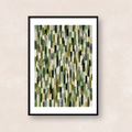 グリーン、カーキ、オリーブを中心にさまざまな線や模様を重ねた抽象アート「Quiet Rhythm (Green & Khaki)」