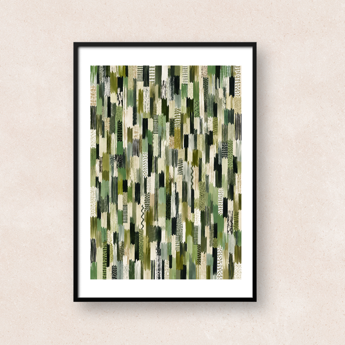 グリーン、カーキ、オリーブを中心にさまざまな線や模様を重ねた抽象アート「Quiet Rhythm (Green & Khaki)」