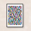 ブルー、ピンク、オレンジ、グリーンなど多彩な色と模様を重ねた抽象アート「Quiet Rhythm (Multicolor)」