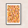 オレンジ、イエロー、レッドを中心に、さまざまな線や模様を重ねた抽象アート「Quiet Rhythm (Orange & Yellow)」