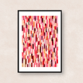 ピンクとレッドを中心に、ベージュやボルドーの線や模様を重ねた抽象アート「Quiet Rhythm (Pink & Red)」