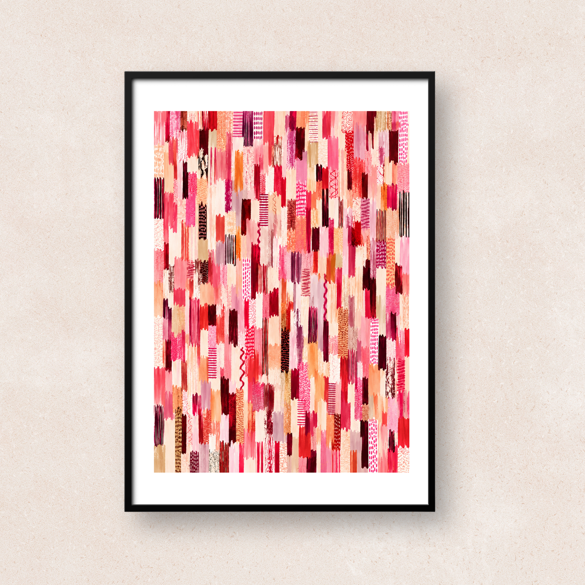 ピンクとレッドを中心に、ベージュやボルドーの線や模様を重ねた抽象アート「Quiet Rhythm (Pink & Red)」