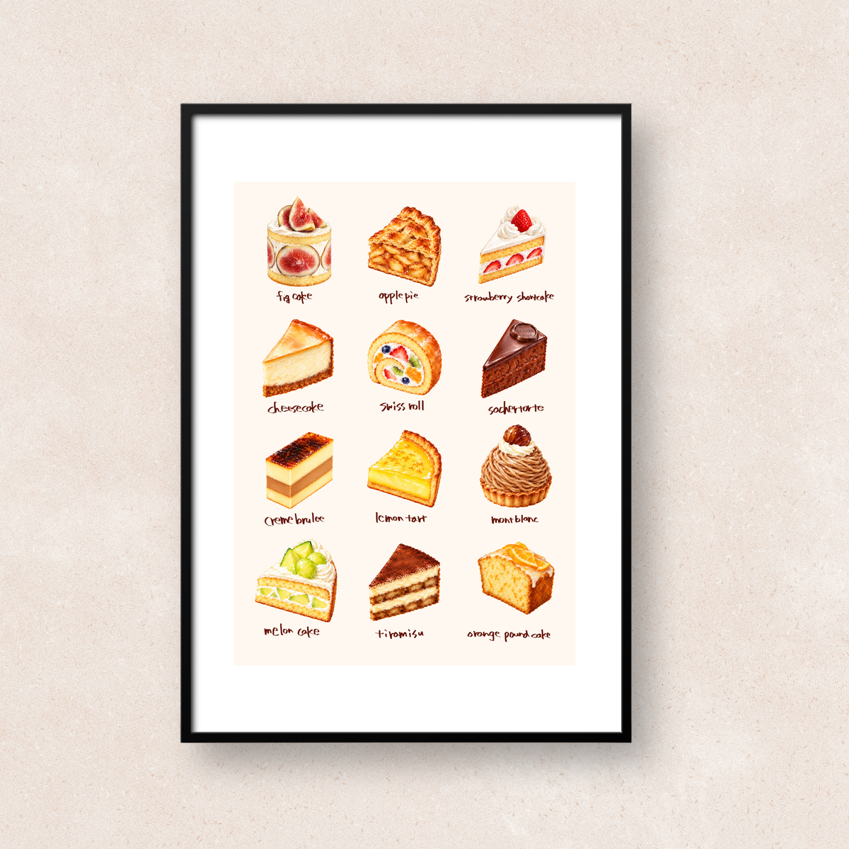 ショートケーキ、アップルパイ、チーズケーキ、モンブランなど12種類のスイーツを並べたアート「Sweet Choices」