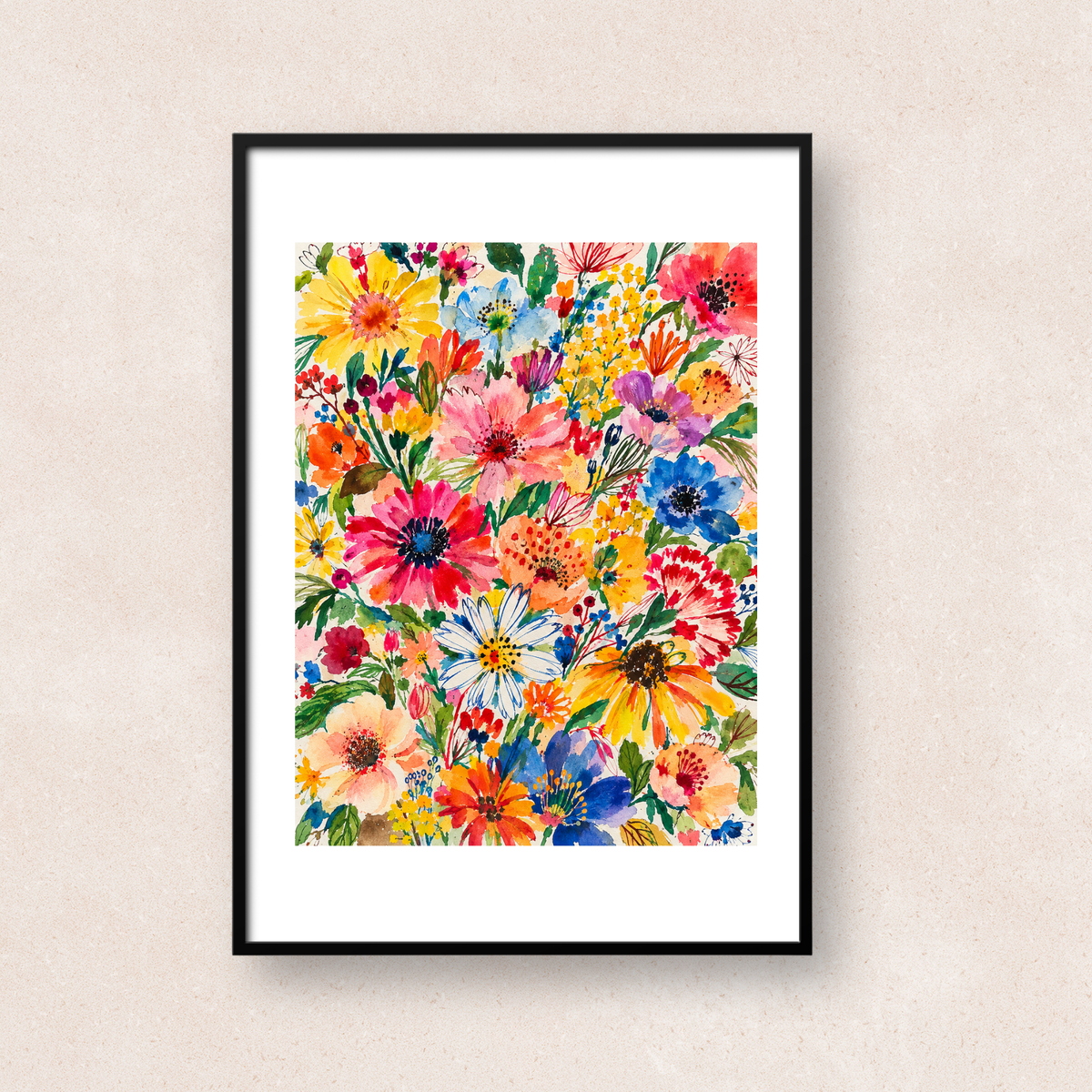 赤、ピンク、ブルー、イエローなど色とりどりの花々を水彩タッチで描いたアート「Wildflower Parade」